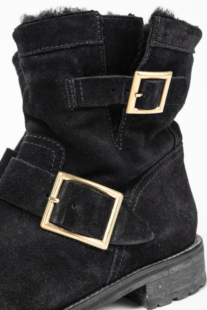 Jimmy Choo Youth Black Suede Buckled Moto Ankle Boots