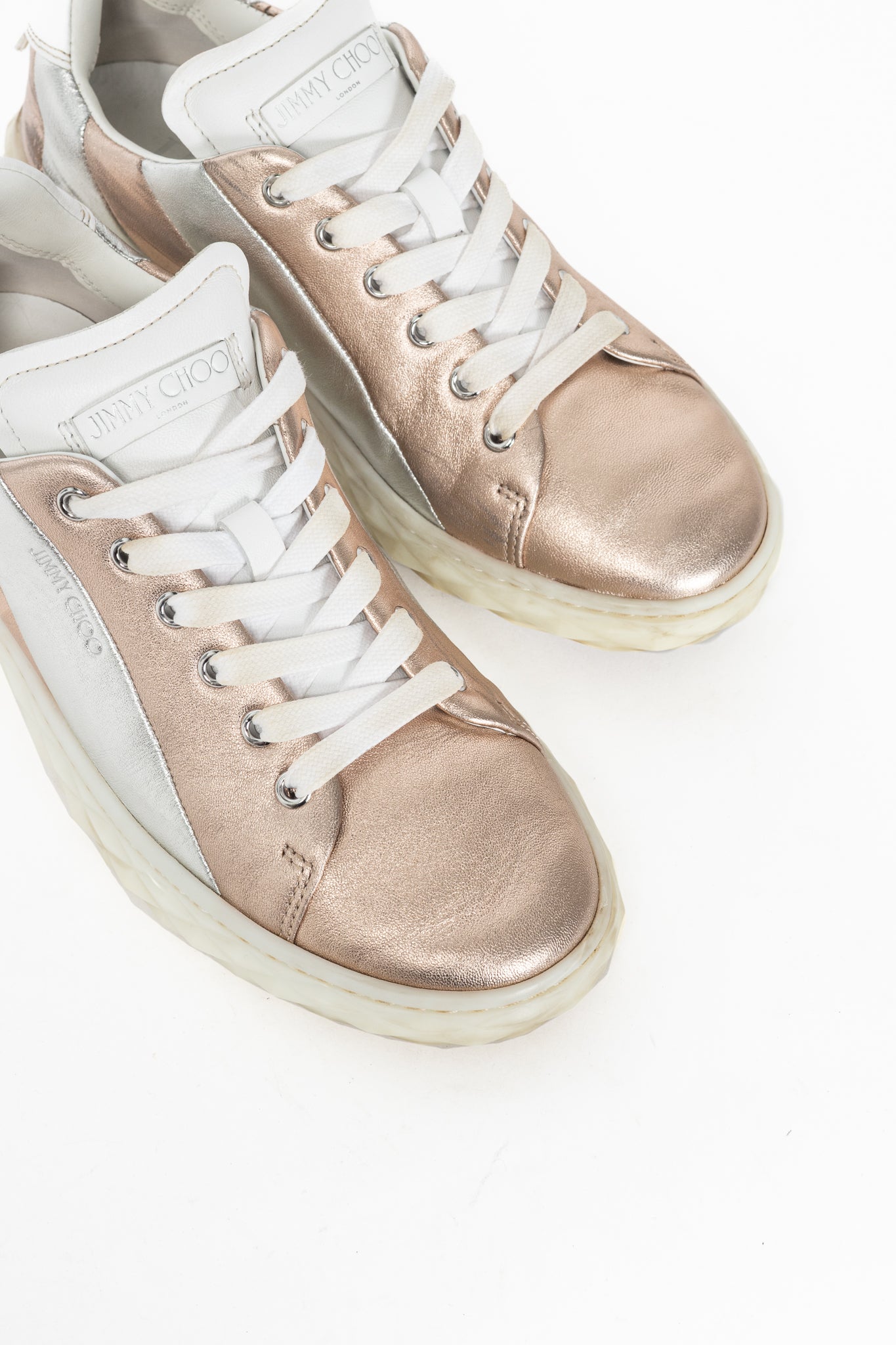 Jimmy Choo SS21 Diamond Light Rose Gold & Silver Metallic Nappa Sneakers