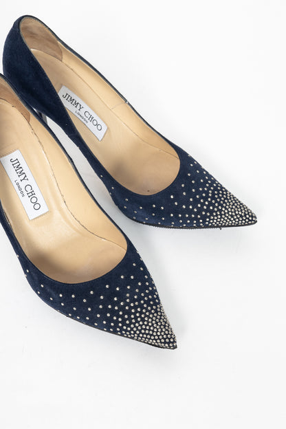 Jimmy Choo Abel Navy Suede Rhinestone-Embellished Pumps