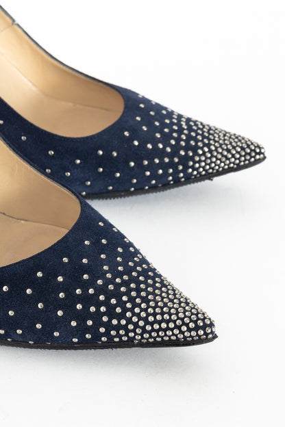 Jimmy Choo Abel Navy Suede Rhinestone-Embellished Pumps