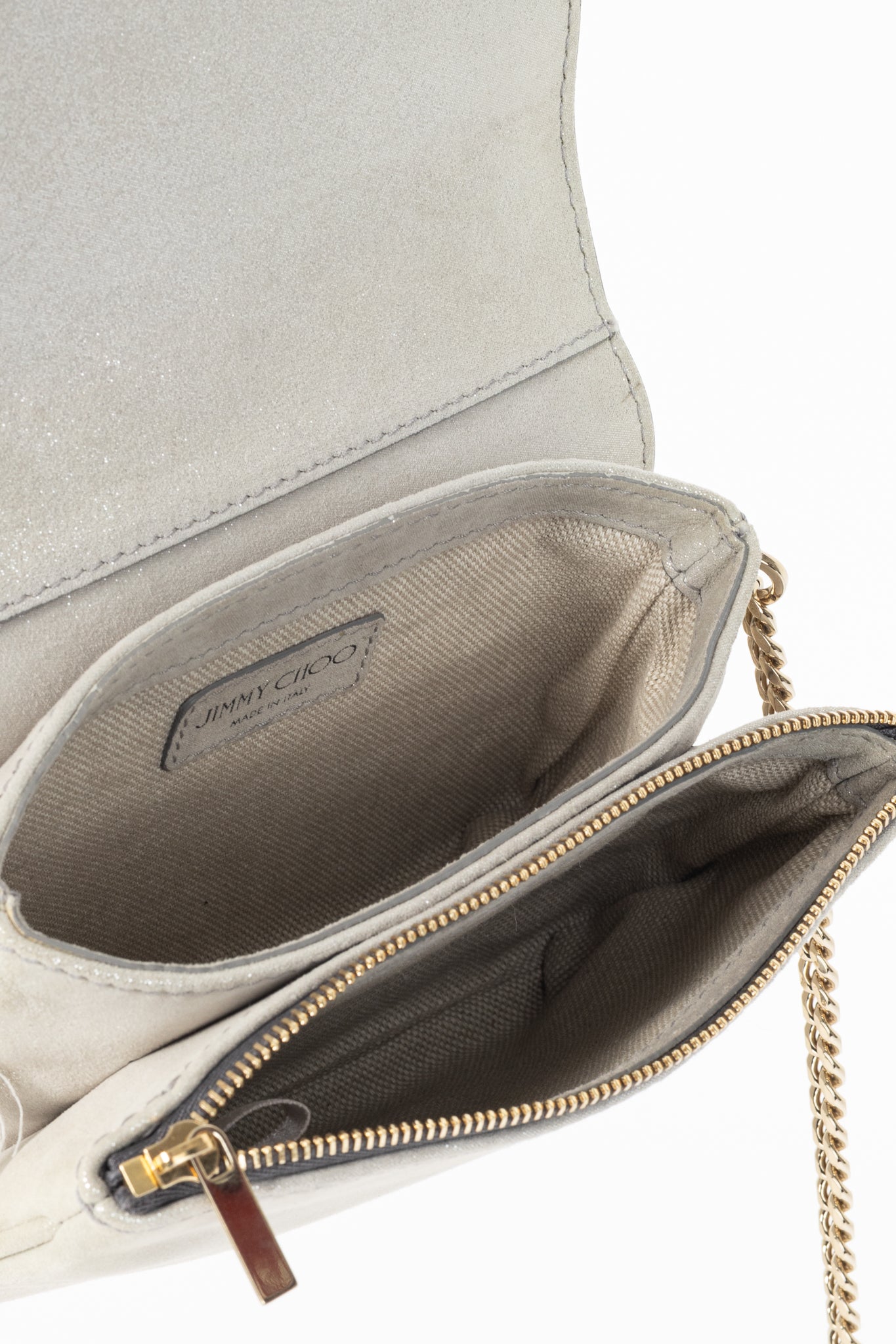 Jimmy Choo Shadow Silver Shimmer Leather Flap Crossbody