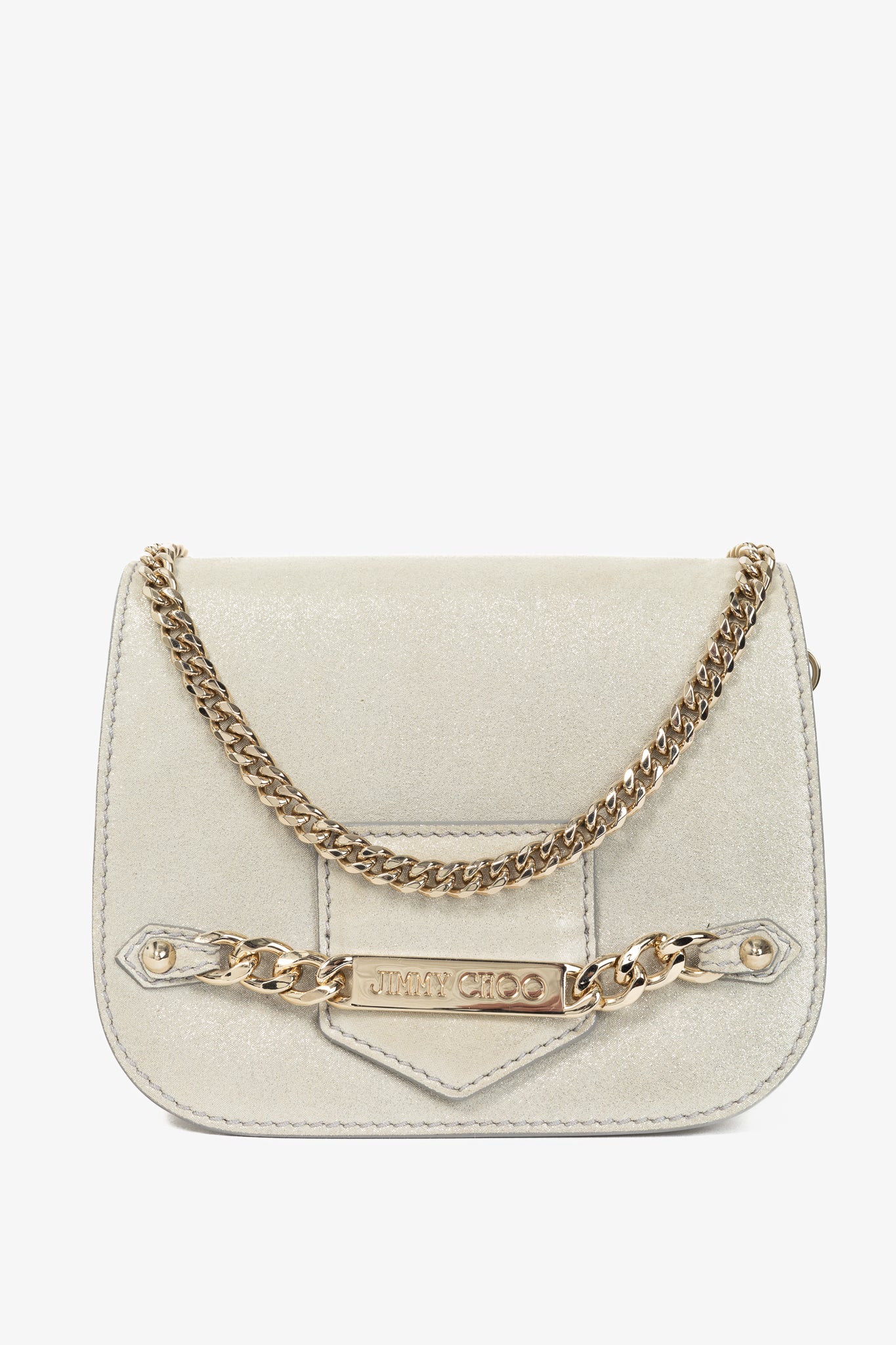 Jimmy Choo Shadow Silver Shimmer Leather Flap Crossbody