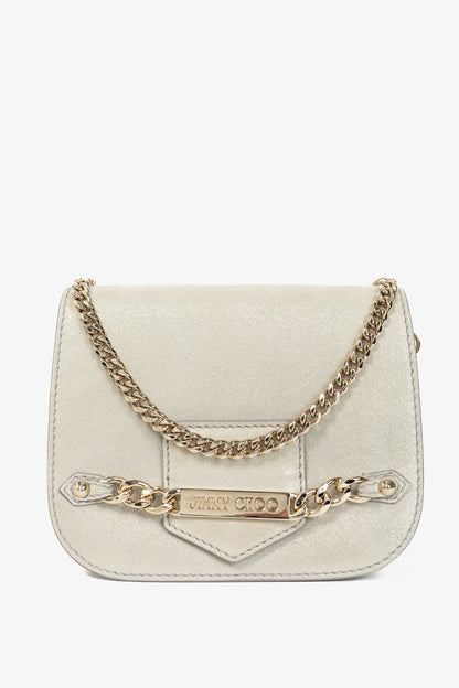 Jimmy Choo Shadow Silver Shimmer Leather Flap Crossbody