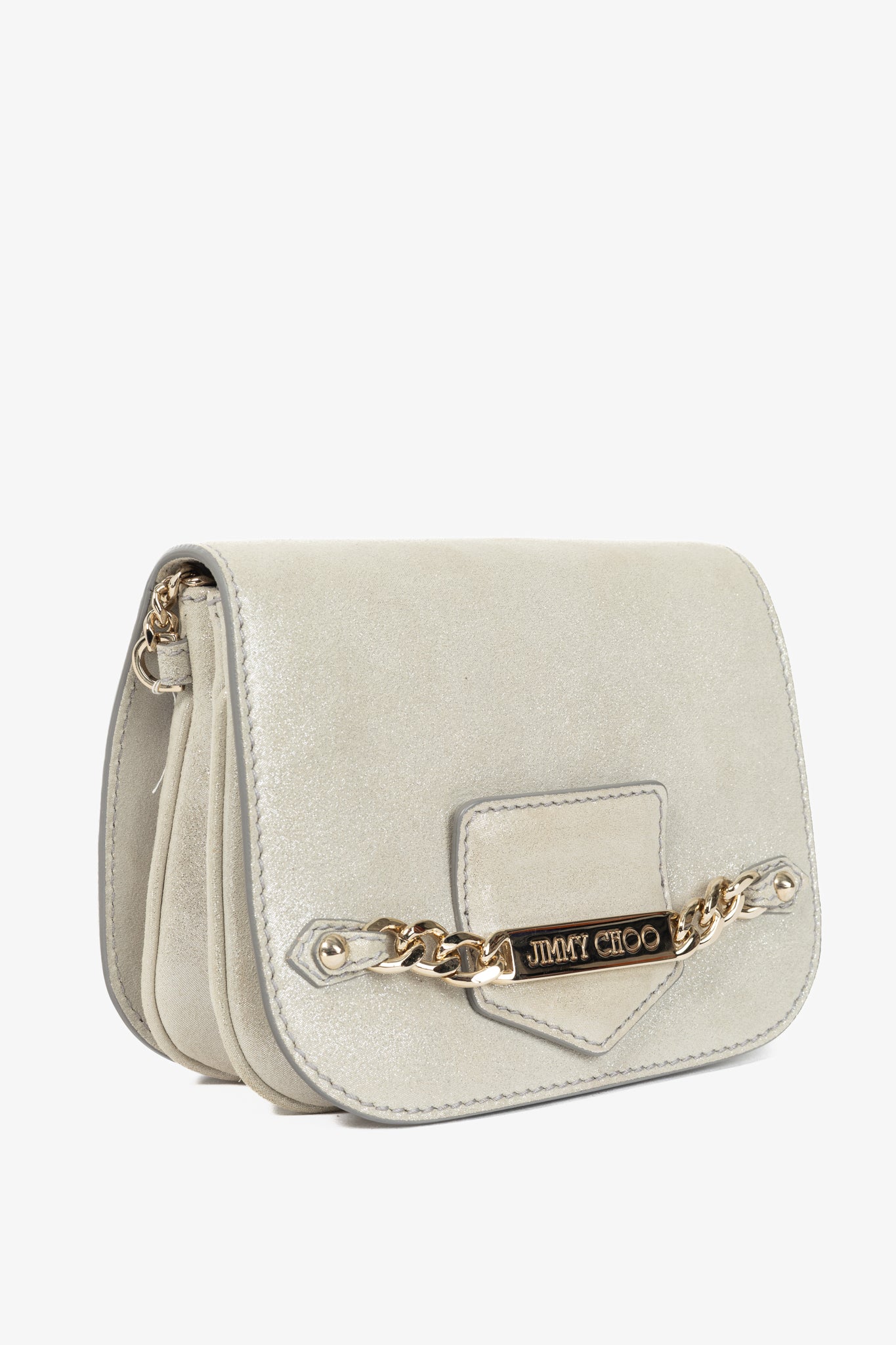 Jimmy Choo Shadow Silver Shimmer Leather Flap Crossbody