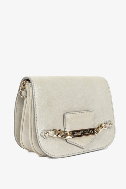 Jimmy Choo Shadow Silver Shimmer Leather Flap Crossbody