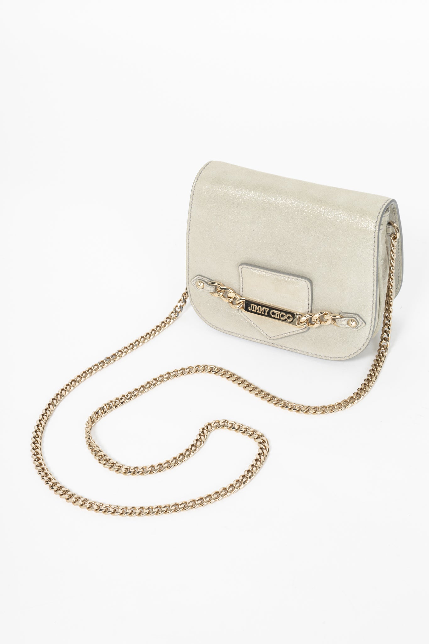 Jimmy Choo Shadow Silver Shimmer Leather Flap Crossbody
