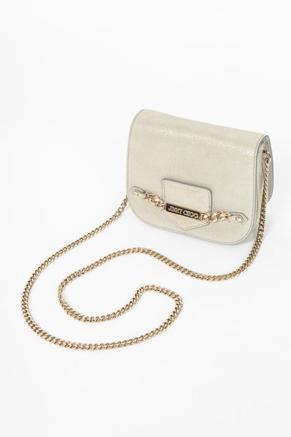 Jimmy Choo Shadow Silver Shimmer Leather Flap Crossbody
