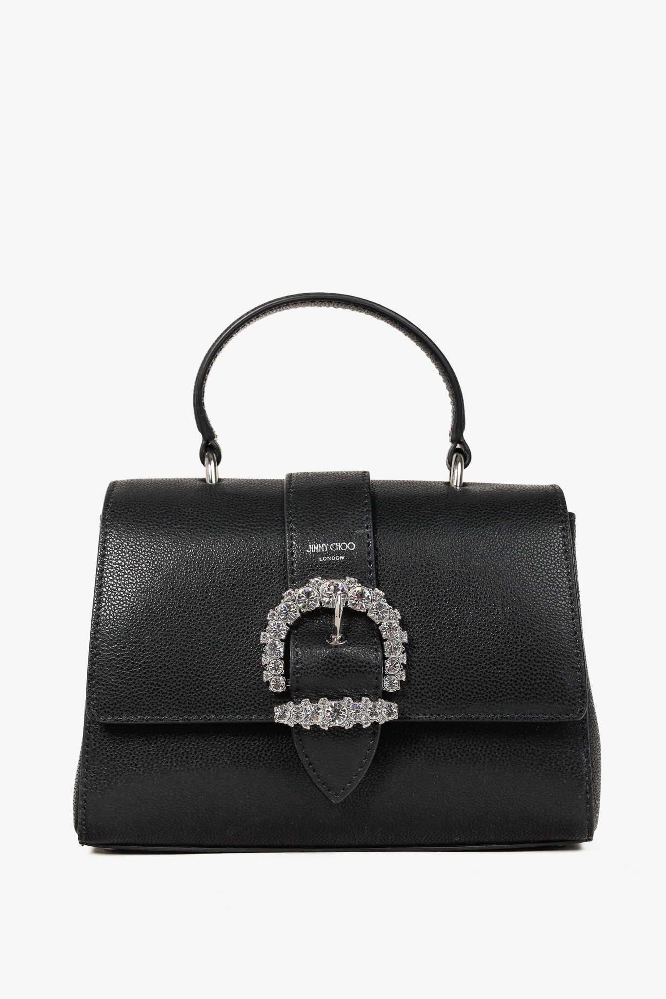 Jimmy Choo Cheri Black Soft Grainy Leather Crystal-Buckle Top Handle Bag