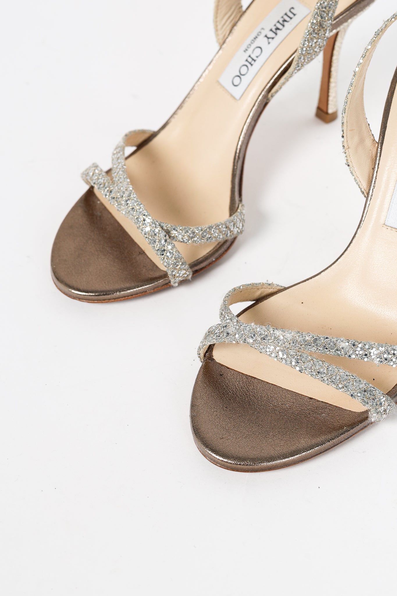 Jimmy Choo India Champagne Glitter Fabric Sandals