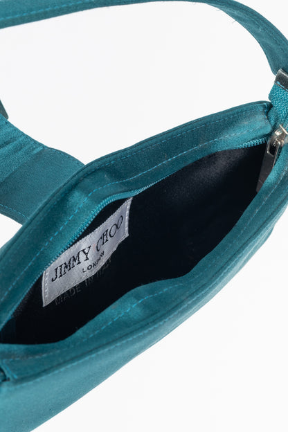 Jimmy Choo Teal Satin Crystal-Buckle Baguette