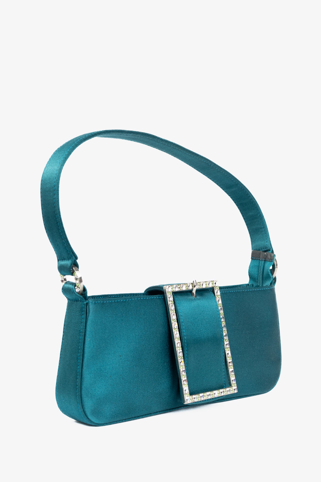 Jimmy Choo Teal Satin Crystal-Buckle Baguette