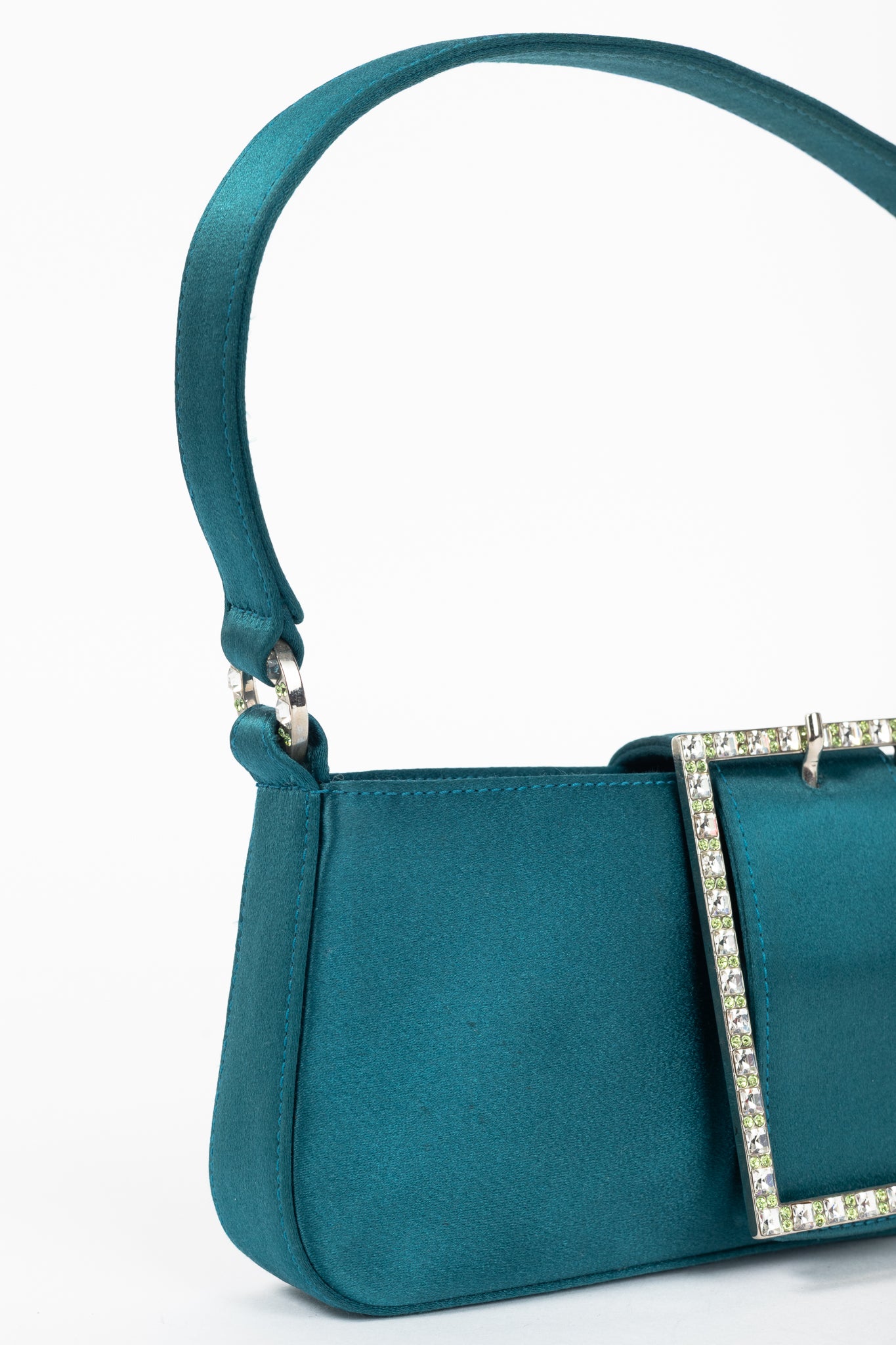 Jimmy Choo Teal Satin Crystal-Buckle Baguette