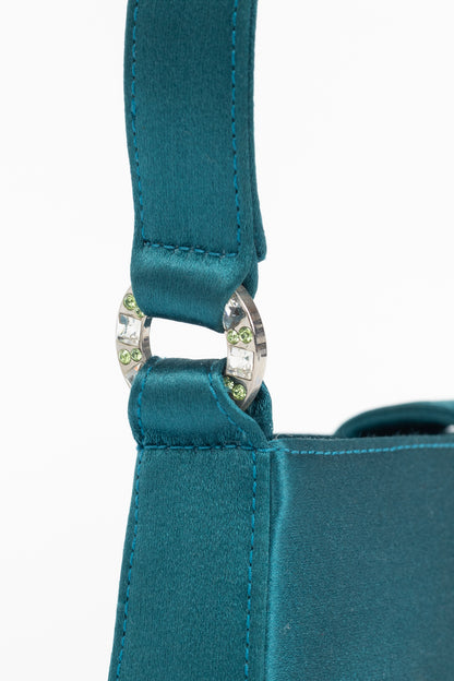 Jimmy Choo Teal Satin Crystal-Buckle Baguette