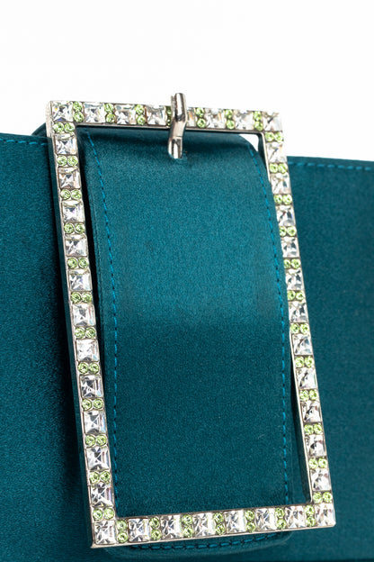 Jimmy Choo Teal Satin Crystal-Buckle Baguette