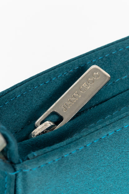 Jimmy Choo Teal Satin Crystal-Buckle Baguette