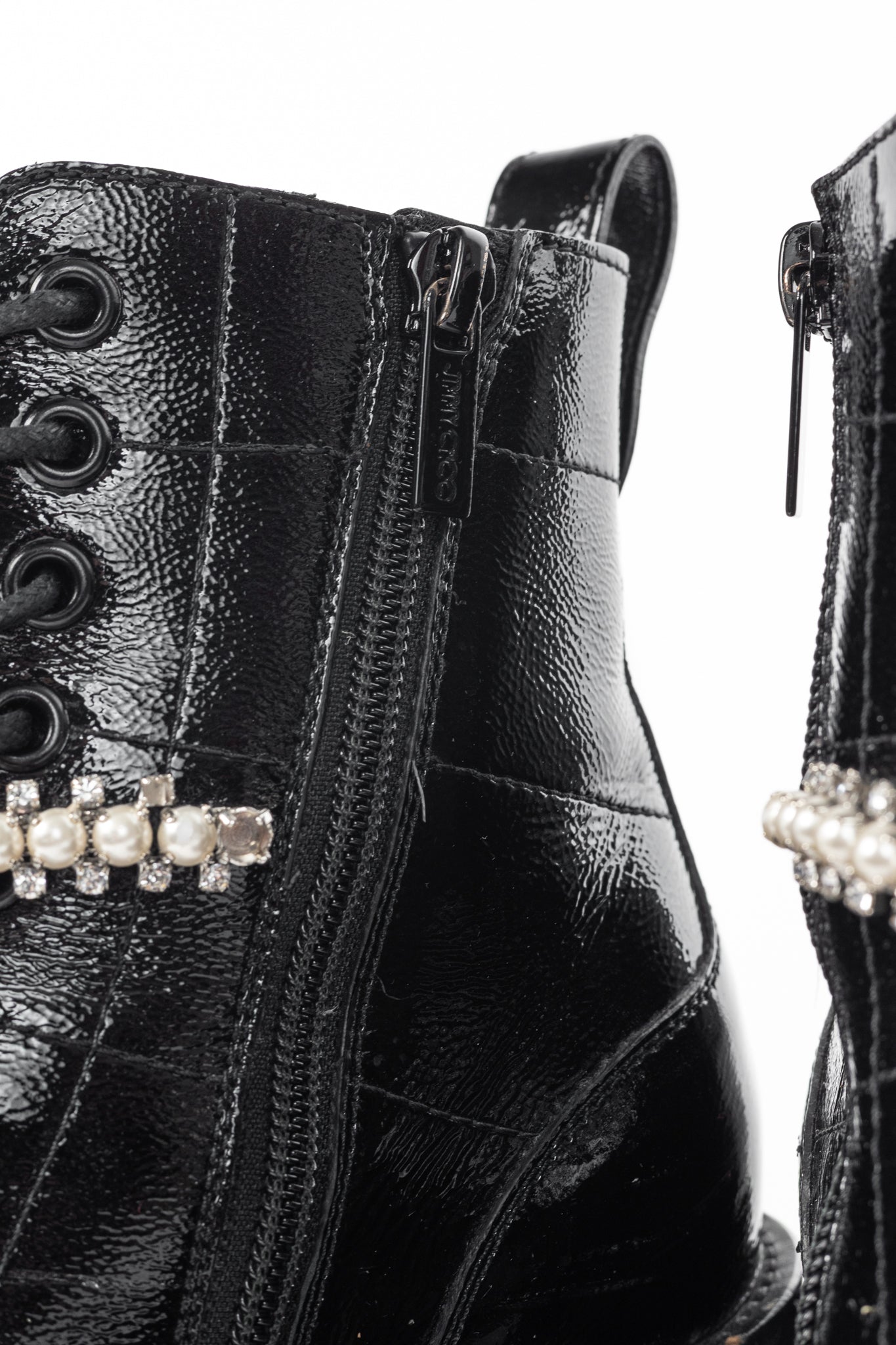 Jimmy Choo Cruz 65 Black Naplack Crystal & Pearl Piece Combat