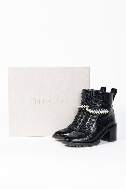 Jimmy Choo Cruz 65 Black Naplack Crystal & Pearl Piece Combat Boots