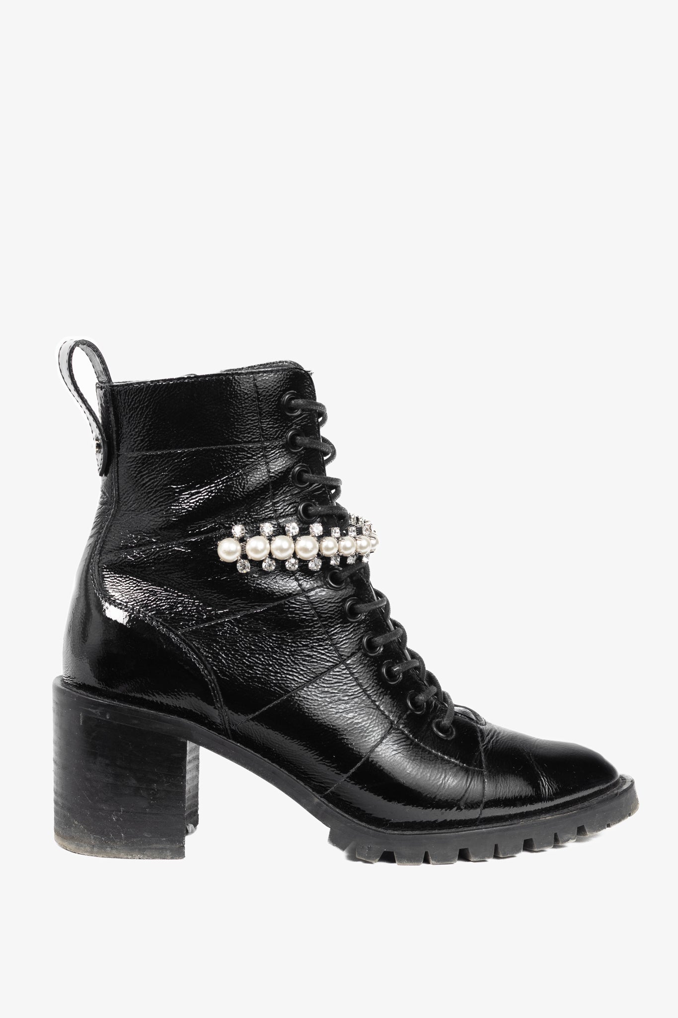 Jimmy Choo Cruz 65 Black Naplack Crystal & Pearl Piece Combat Boots