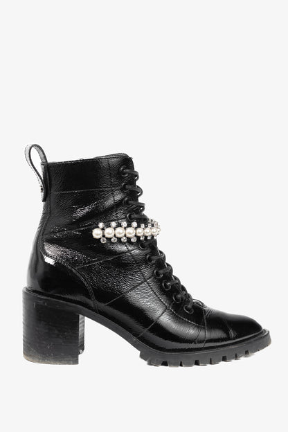 Jimmy Choo Cruz 65 Black Naplack Crystal & Pearl Piece Combat Boots