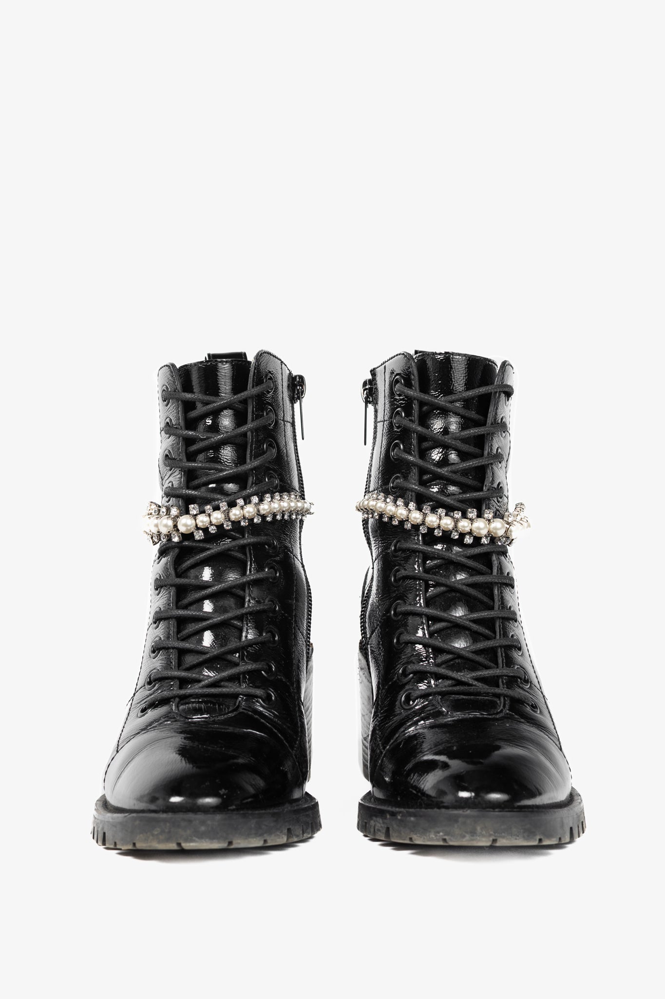Jimmy Choo Cruz 65 Black Naplack Crystal & Pearl Piece Combat Boots