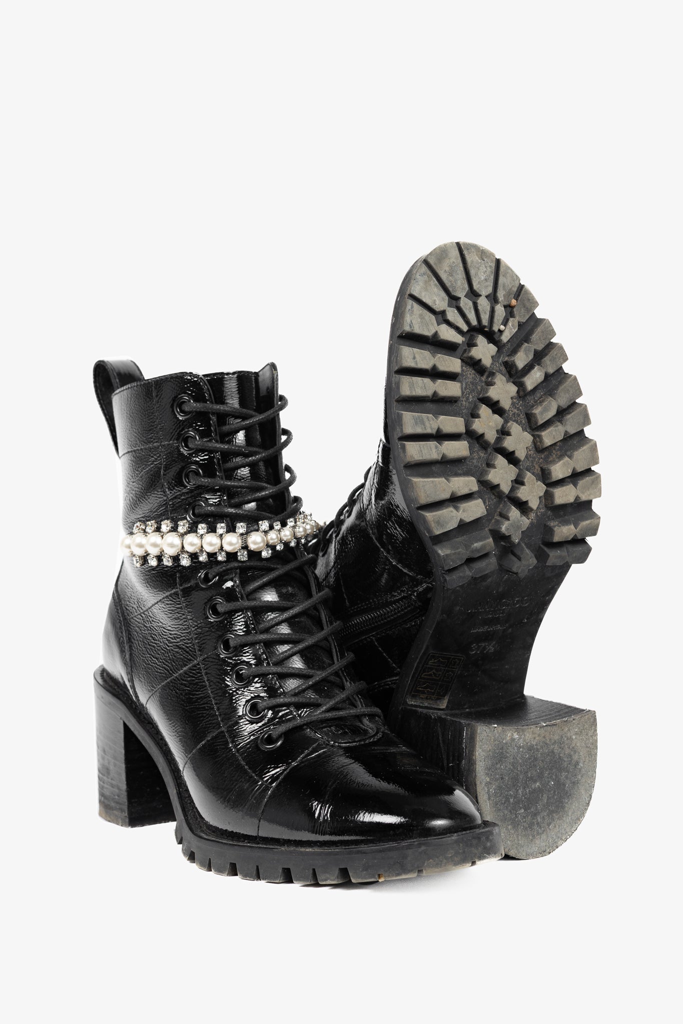 Jimmy Choo Cruz 65 Black Naplack Crystal & Pearl Piece Combat Boots