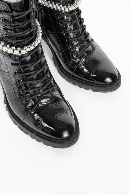 Jimmy Choo Cruz 65 Black Naplack Crystal & Pearl Piece Combat Boots