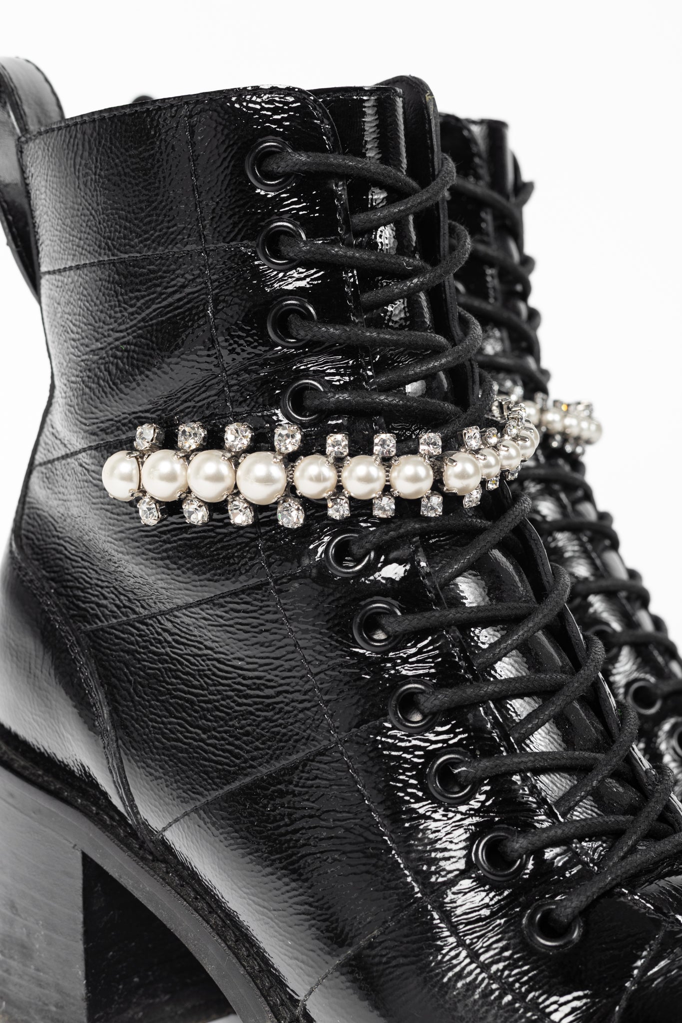 Jimmy Choo Cruz 65 Black Naplack Crystal & Pearl Piece Combat Boots
