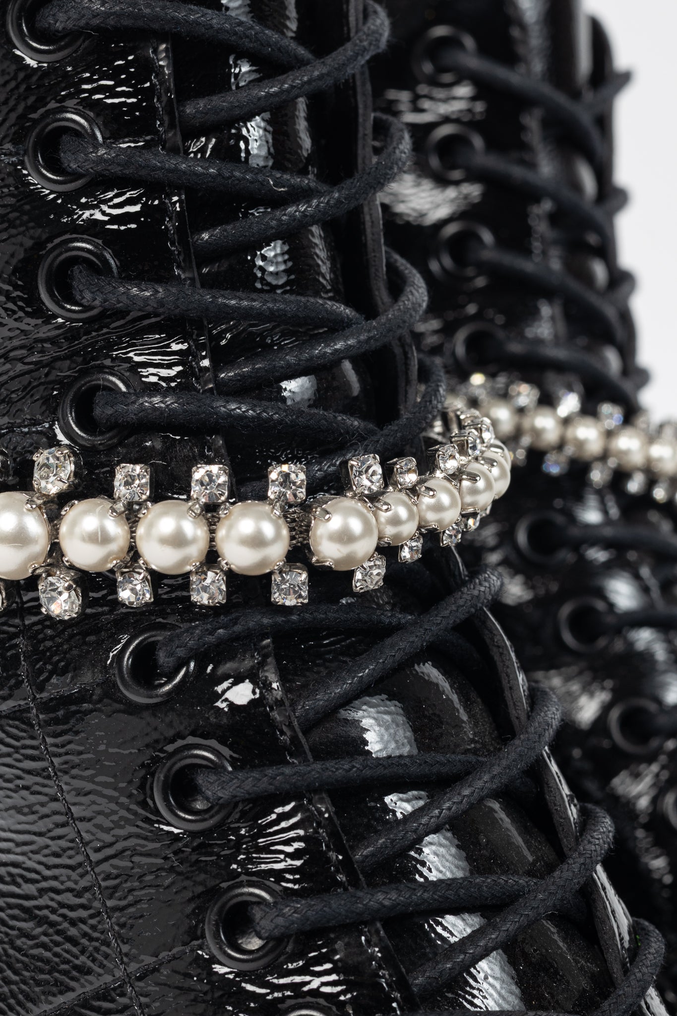 Jimmy Choo Cruz 65 Black Naplack Crystal & Pearl Piece Combat Boots