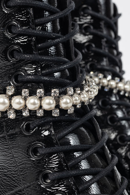 Jimmy Choo Cruz 65 Black Naplack Crystal & Pearl Piece Combat Boots