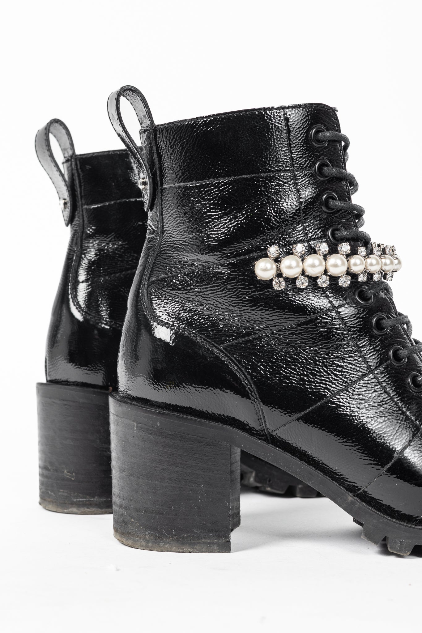 Jimmy Choo Cruz 65 Black Naplack Crystal & Pearl Piece Combat Boots