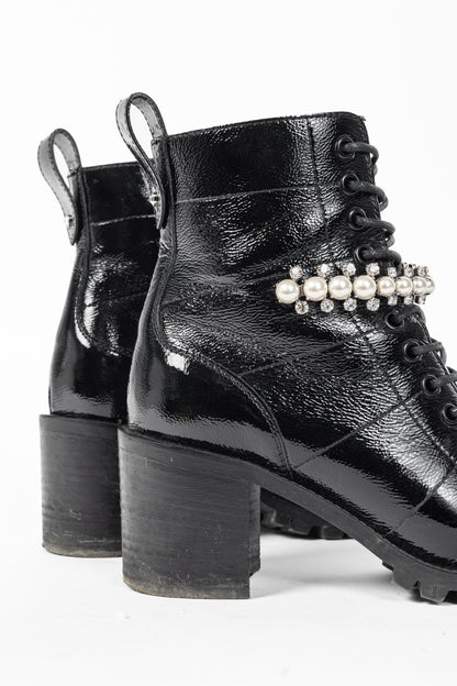 Jimmy Choo Cruz 65 Black Naplack Crystal & Pearl Piece Combat Boots