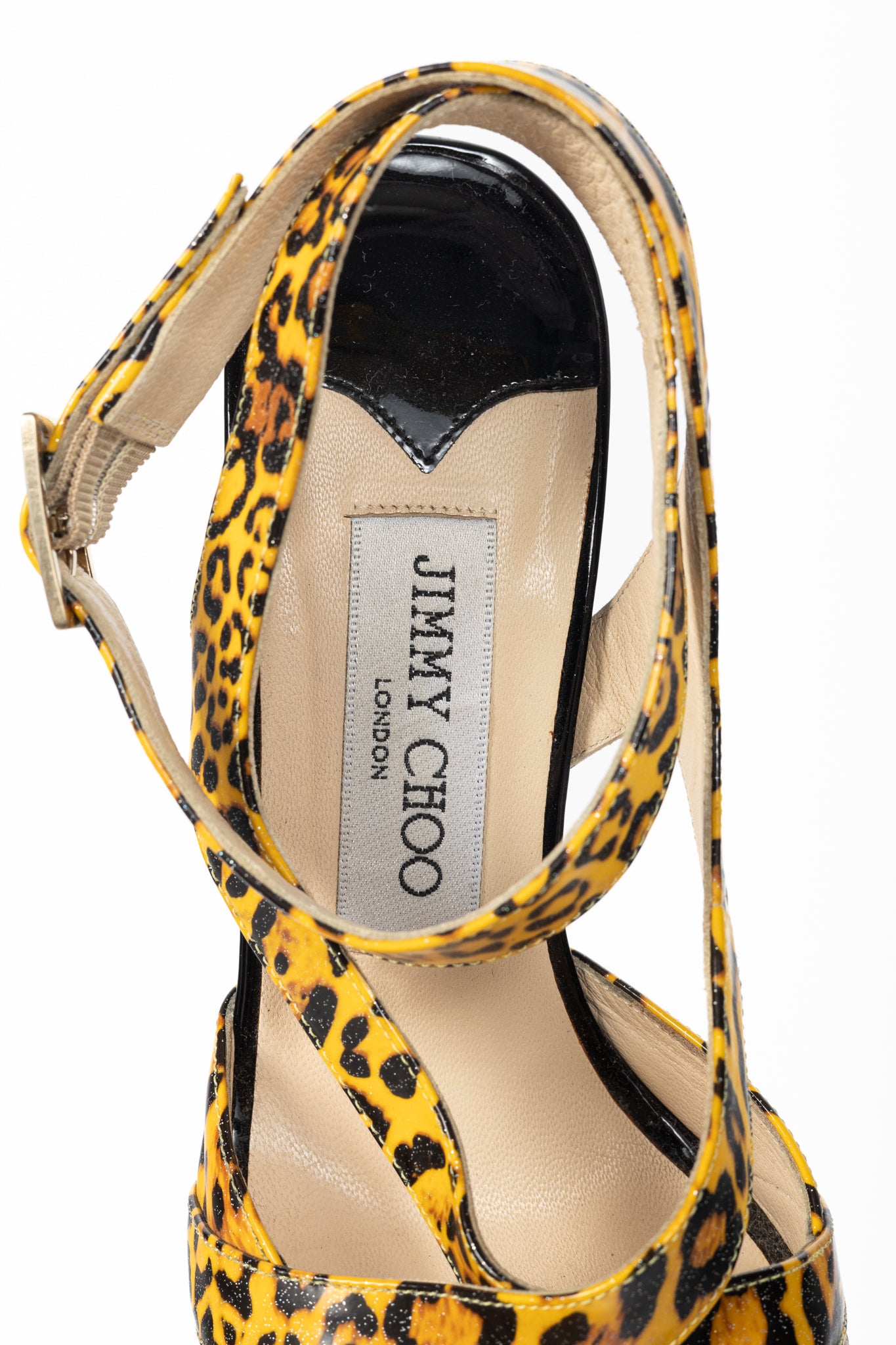 Jimmy Choo "Gray" Yellow Leopard Print Patent Crisscross Sandals