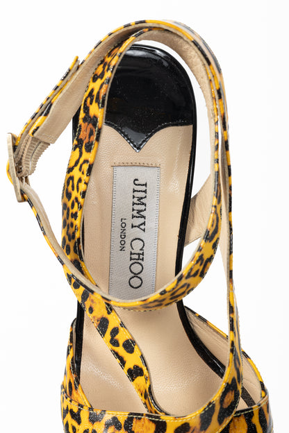 Jimmy Choo "Gray" Yellow Leopard Print Patent Crisscross Sandals