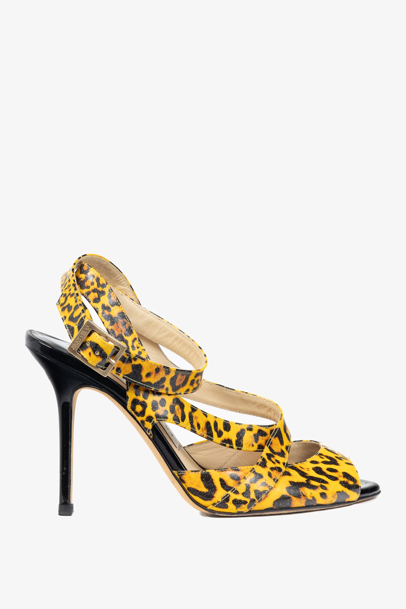 Jimmy Choo "Gray" Yellow Leopard Print Patent Crisscross Sandals
