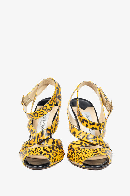 Jimmy Choo "Gray" Yellow Leopard Print Patent Crisscross Sandals
