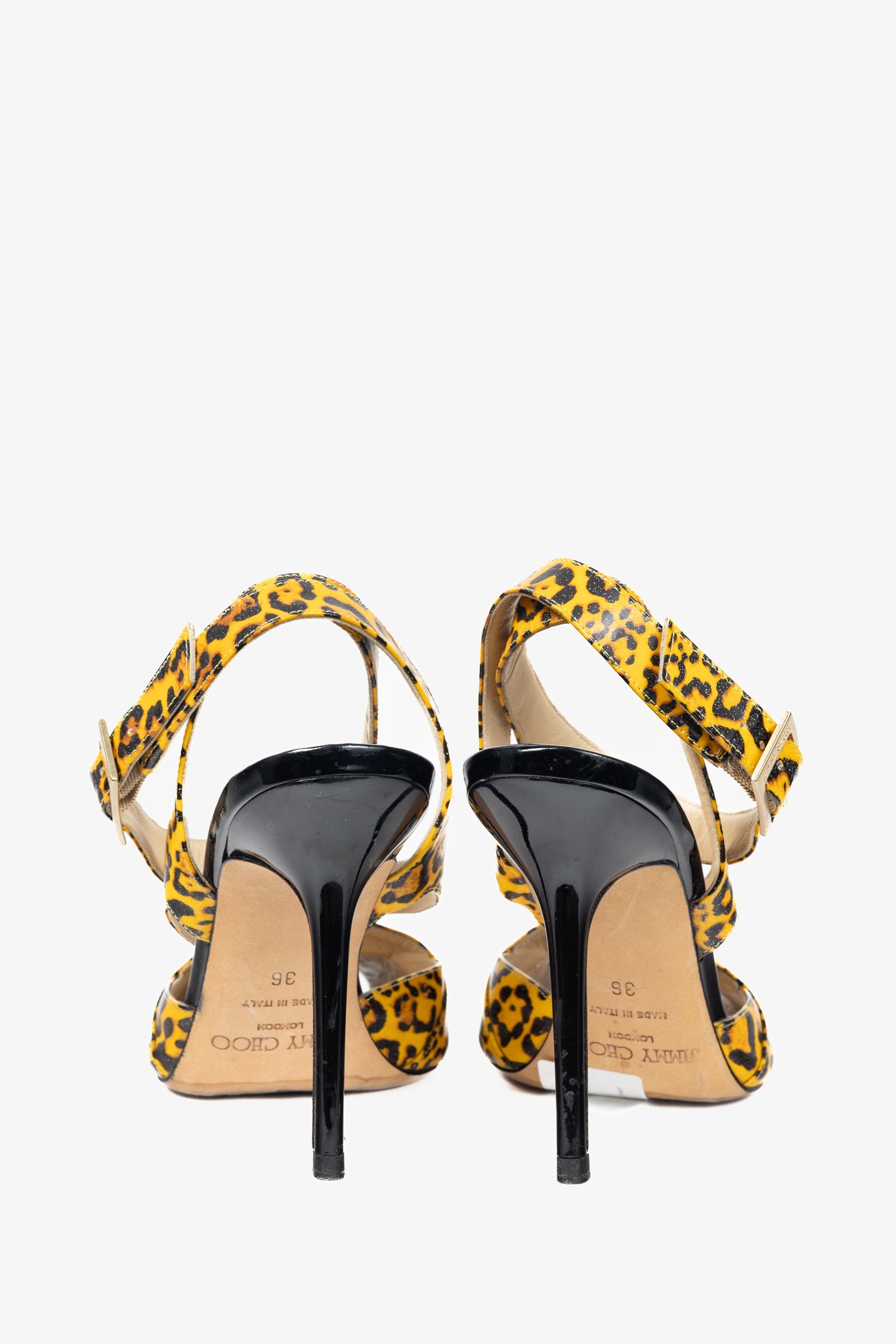 Jimmy Choo "Gray" Yellow Leopard Print Patent Crisscross Sandals