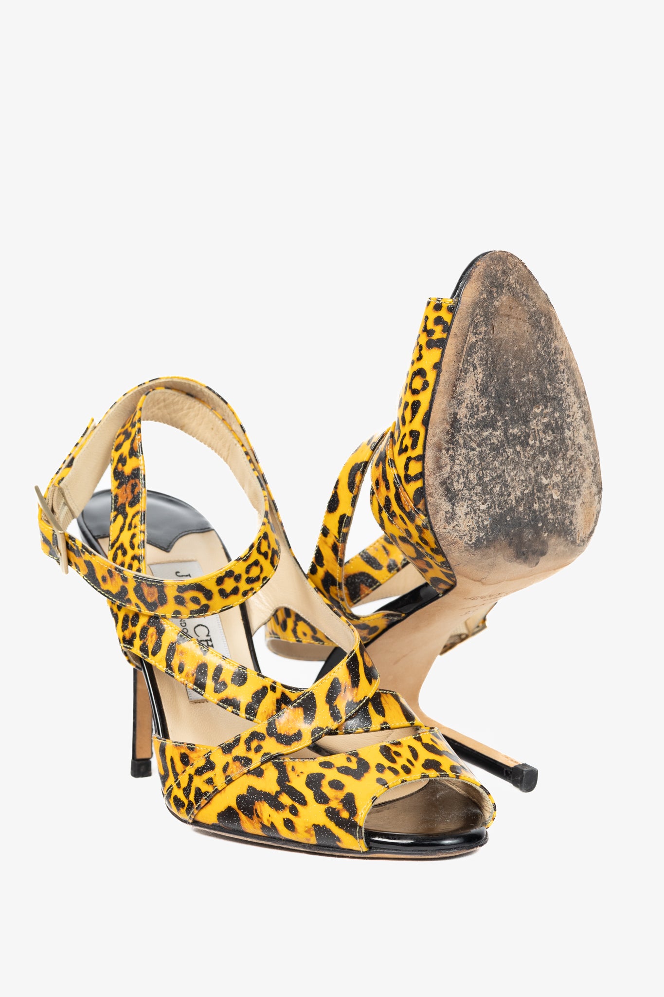 Jimmy Choo "Gray" Yellow Leopard Print Patent Crisscross Sandals