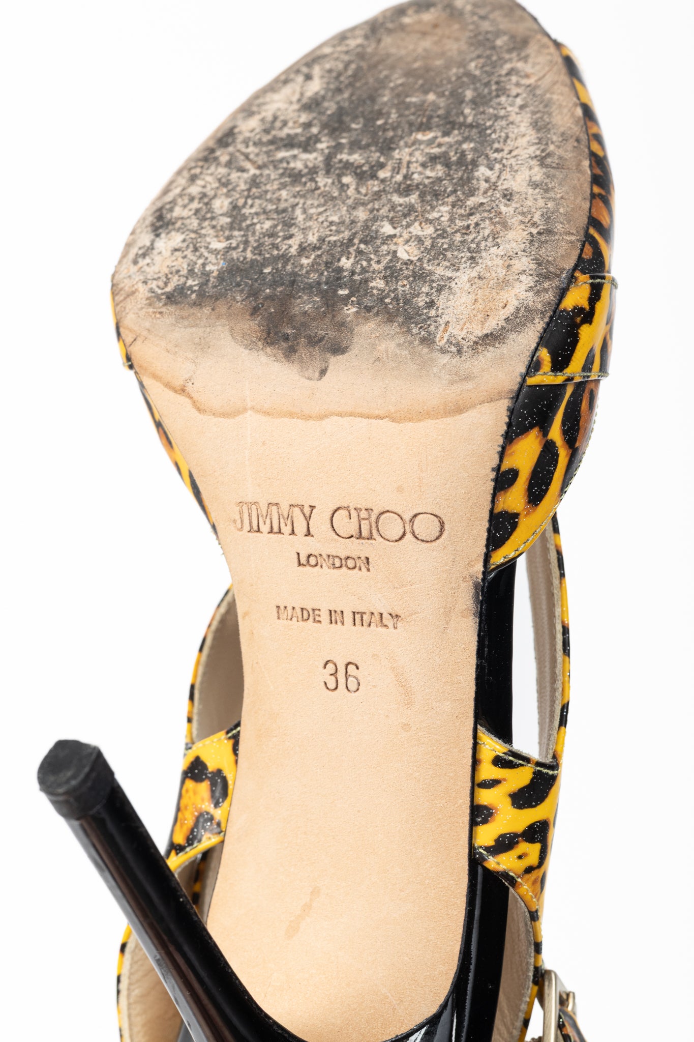 Jimmy Choo "Gray" Yellow Leopard Print Patent Crisscross Sandals