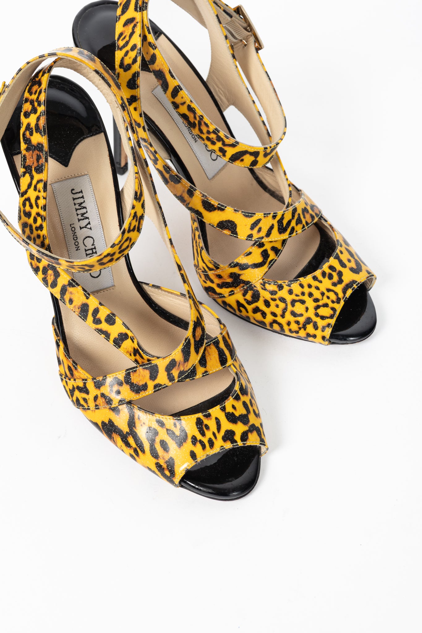 Jimmy Choo "Gray" Yellow Leopard Print Patent Crisscross Sandals