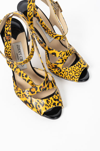 Jimmy Choo "Gray" Yellow Leopard Print Patent Crisscross Sandals