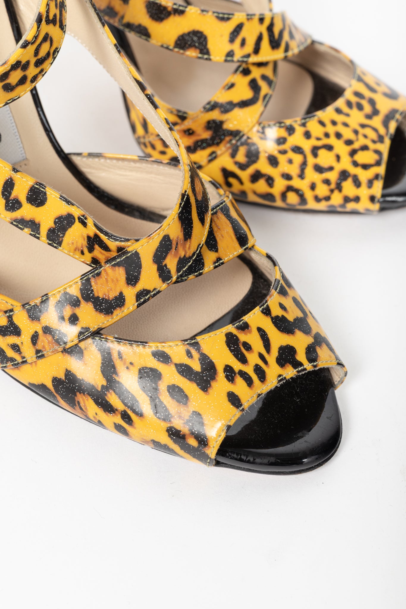Jimmy Choo "Gray" Yellow Leopard Print Patent Crisscross Sandals