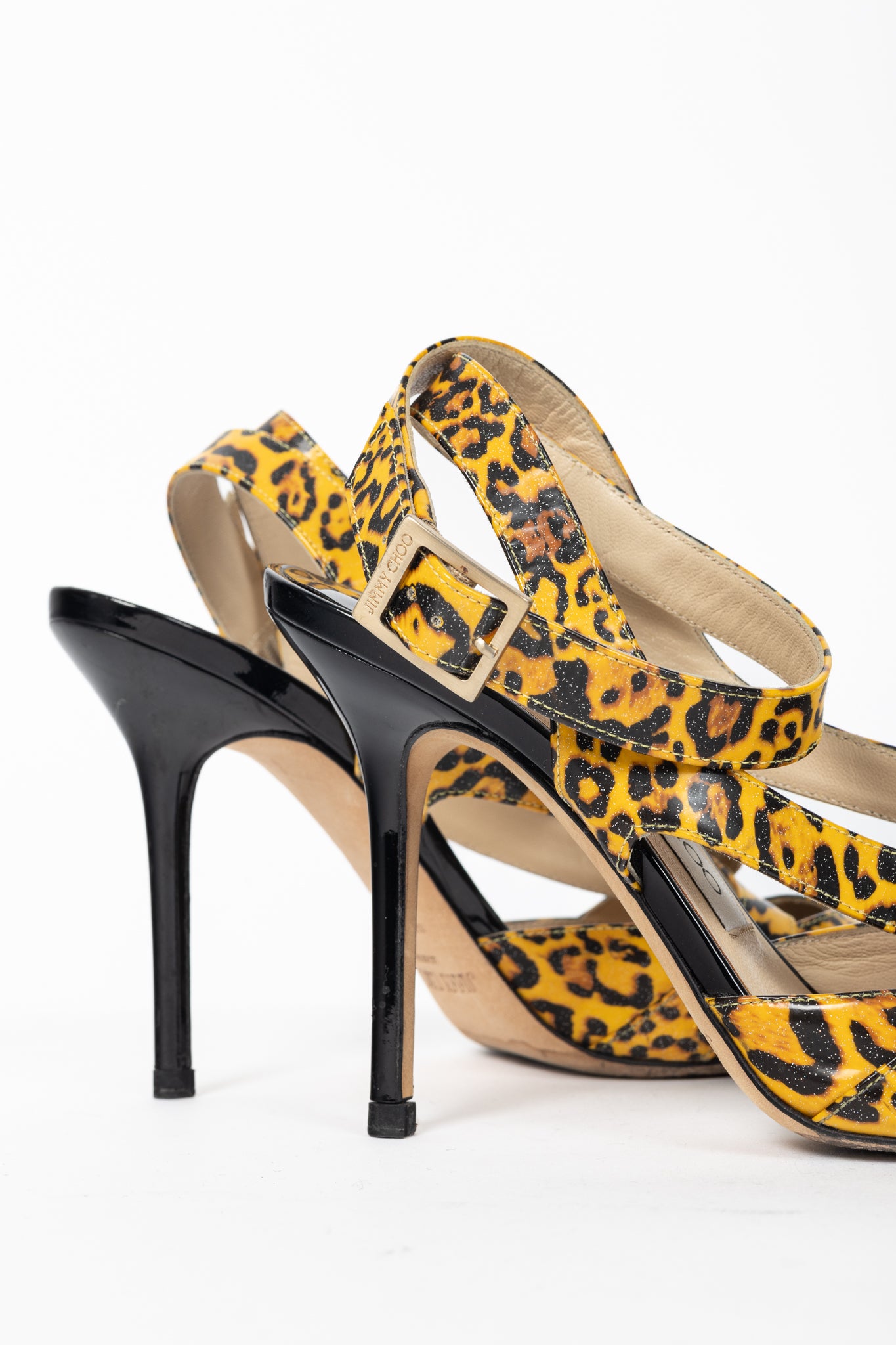 Jimmy Choo "Gray" Yellow Leopard Print Patent Crisscross Sandals