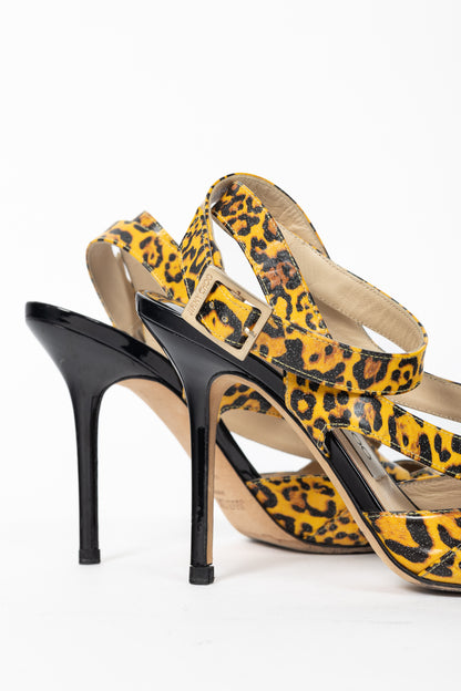 Jimmy Choo "Gray" Yellow Leopard Print Patent Crisscross Sandals
