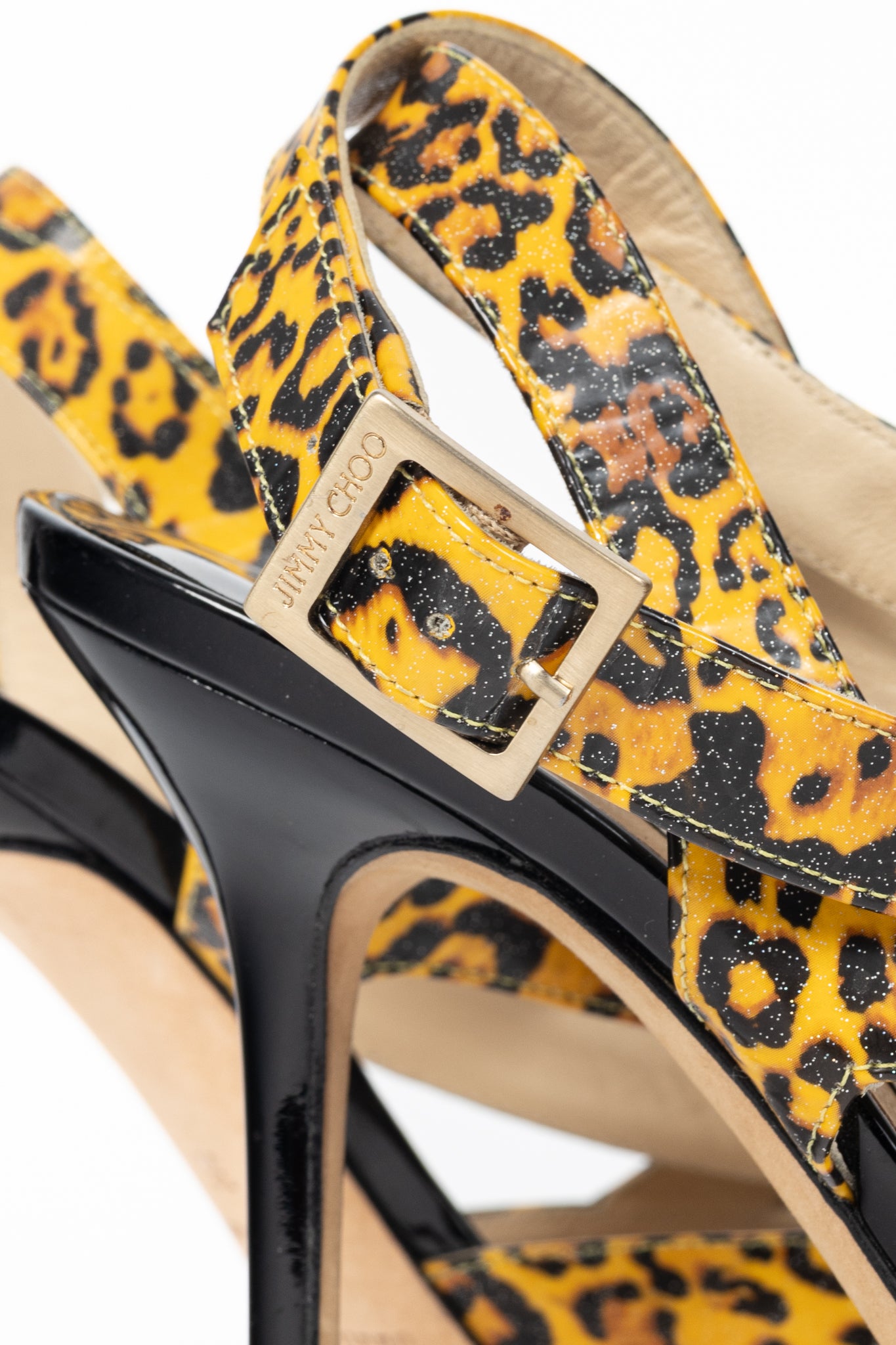 Jimmy Choo "Gray" Yellow Leopard Print Patent Crisscross Sandals