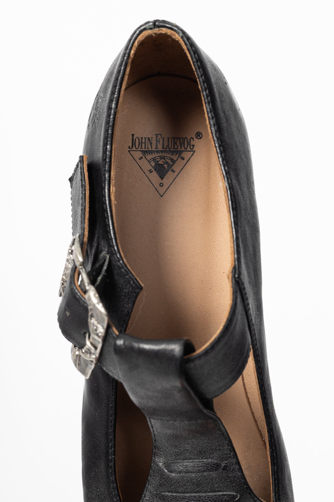 John Fluevog Pollux Black T-Strap Buckle Heels
