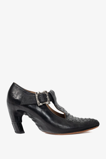 John Fluevog Pollux Black T-Strap Buckle Heels