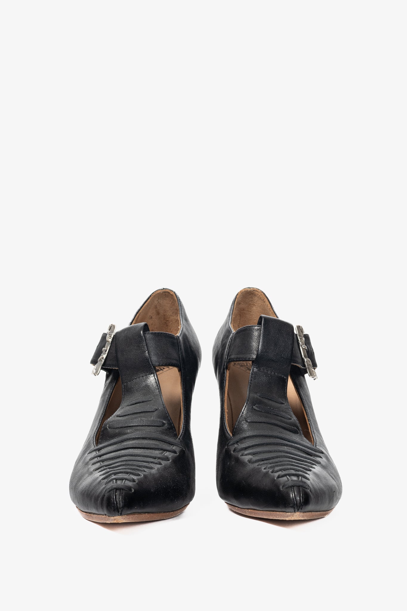 John Fluevog Pollux Black T-Strap Buckle Heels