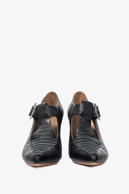 John Fluevog Pollux Black T-Strap Buckle Heels