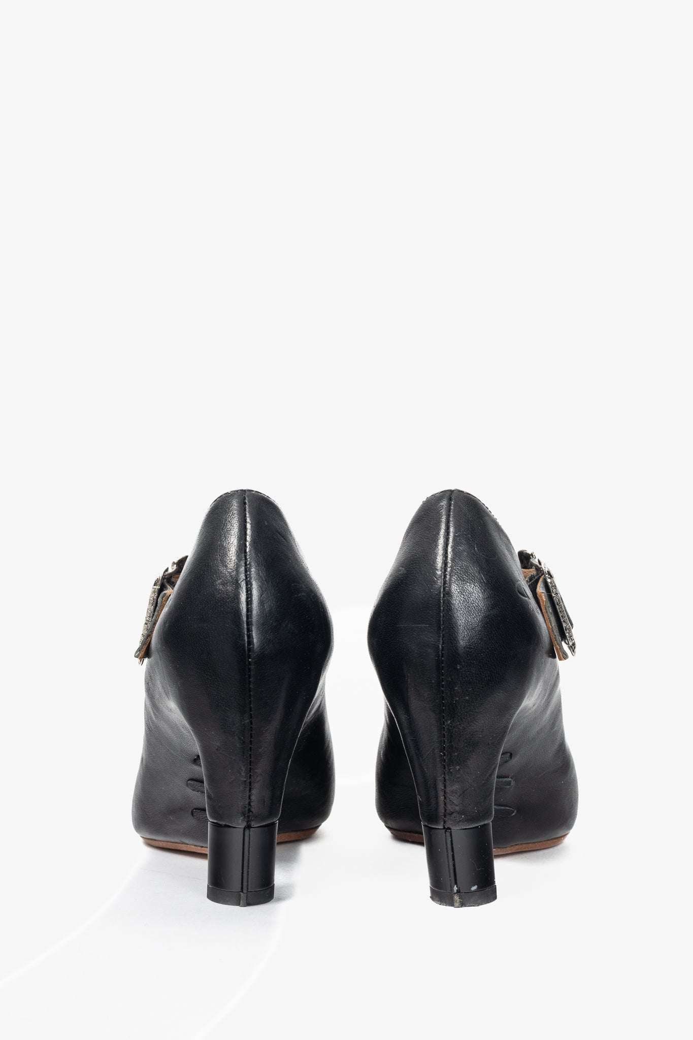 John Fluevog Pollux Black T-Strap Buckle Heels
