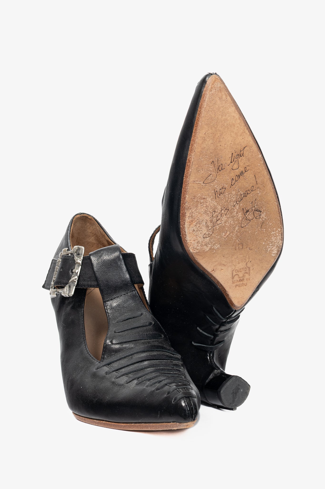 John Fluevog Pollux Black T-Strap Buckle Heels